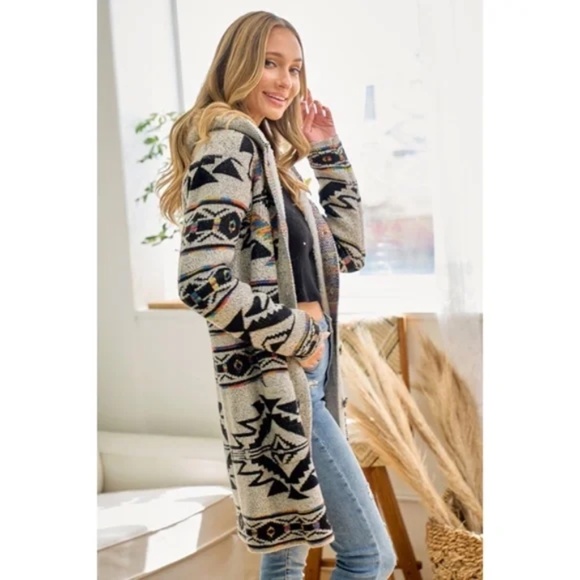 Oatmeal Rainbow Aztec Sherpa Lined Knit Button Hooded Cardigan Sweater - Picture 5 of 6